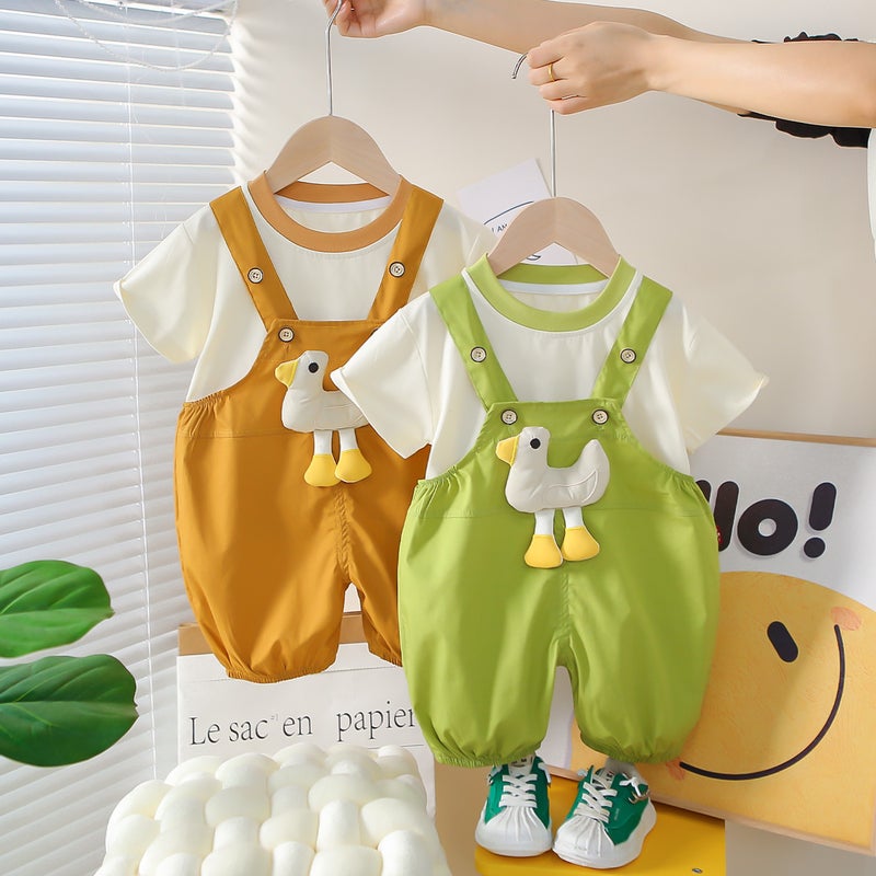 Baby Boy Summer Korean Style Duck Suspender Short-Sleeved Suit 1-4 Years Old 3 Baby Kidsren'S Clothing Thin Clothes Two-Piece Trendy Set - Image 2