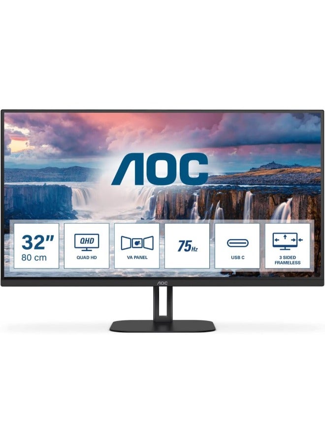اي او سي شاشة Q32V5CE/BK VA مقاس 31.5 بوصة بدون إطار ولوحة QHD مع منفذ عرض HDMI ومكبرات صوت USB C بقدرة 5 وات - Image 1