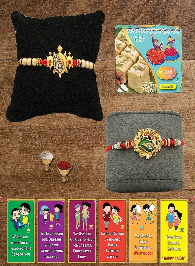 BOGATCHI Rakhi with Sweets Combo | Rakhi Gift for Brother | Rakhi for brother with sweets | Rakhi Gift Hamper|Soan Papdi(200g) + Rakhi Set of 2 +Roli Chawal + Free Rakhi Story Card |250GSP1 - Image 1