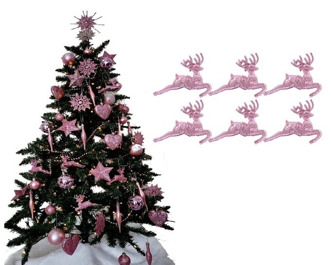 PACK OF 6 HANGING GLITTER REINDEER CHRISTMAS TREE DECORATIONS 22CM X 95CM BLUSH PINK