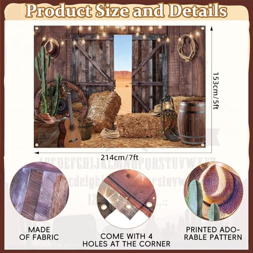 Kreyfer 7 x 5 FT Western Barn Cowboy Backdrop – Rustic Farmhouse Photography Background with Hay Bales, Wooden Doors, Cactus, and String Lights for Country Party, Rodeo, and Farm-Themed Decorations - Image 2