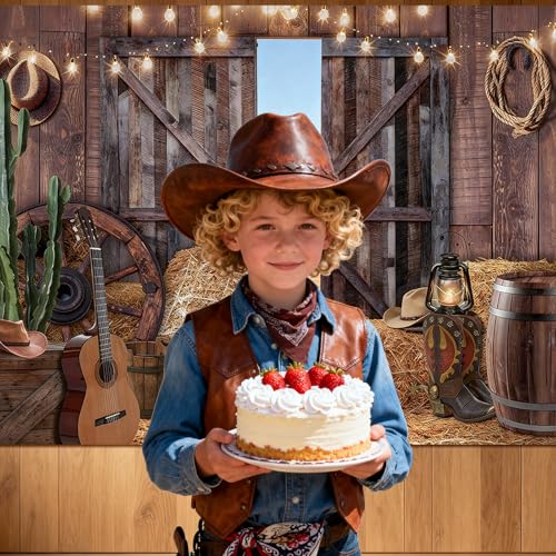 Kreyfer 7 x 5 FT Western Barn Cowboy Backdrop – Rustic Farmhouse Photography Background with Hay Bales, Wooden Doors, Cactus, and String Lights for Country Party, Rodeo, and Farm-Themed Decorations - Image 3