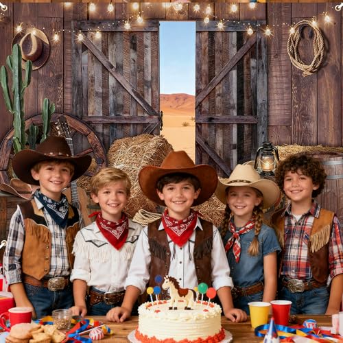Kreyfer 7 x 5 FT Western Barn Cowboy Backdrop – Rustic Farmhouse Photography Background with Hay Bales, Wooden Doors, Cactus, and String Lights for Country Party, Rodeo, and Farm-Themed Decorations - Image 4
