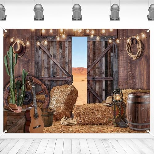 Kreyfer 7 x 5 FT Western Barn Cowboy Backdrop – Rustic Farmhouse Photography Background with Hay Bales, Wooden Doors, Cactus, and String Lights for Country Party, Rodeo, and Farm-Themed Decorations - Image 1