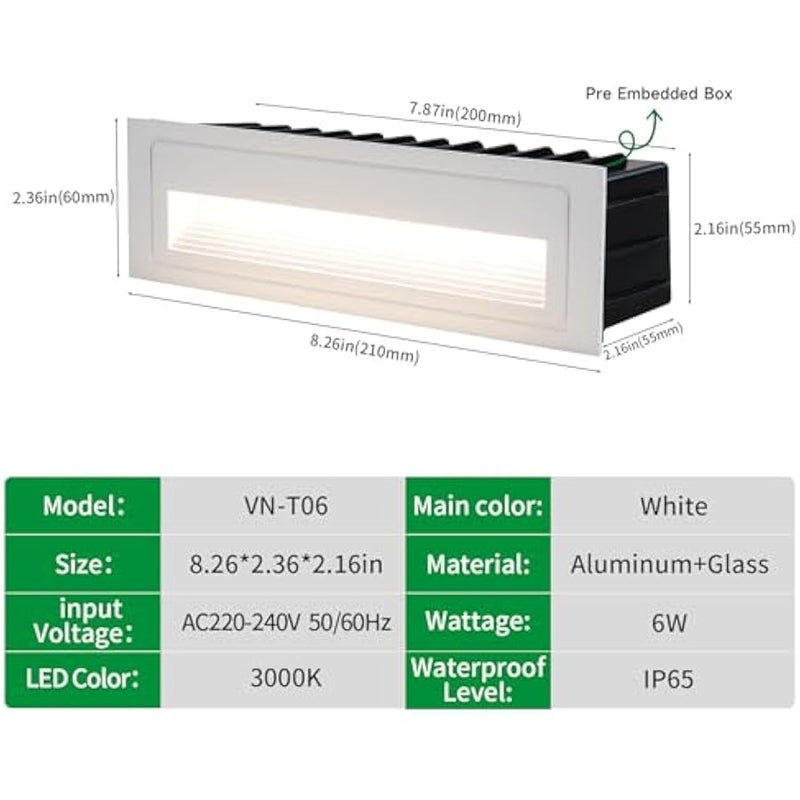 V.nice LED Step Light 6W Recessed IP65 Outdoor Wall Light – Modern Long Rectangle Deck Stair Lamp, Black/White Housing, 3000K Warm White, Aluminum+Glass, Waterproof 220-240V - Image 2