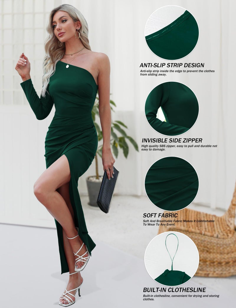 Sarin Mathews Womens One Shoulder Long Sleeve Cocktail Dresses Sexy Bodycon Ruched Wrap Split Party Formal Long Dress DarkGreen S - Image 4