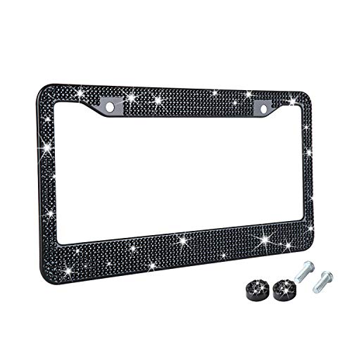 TZARROT Black Rhinestone Bling License Plate Frame, Metal Rust-Proof License Plate Cover Bling Car Accessories for Women Man - Image 1