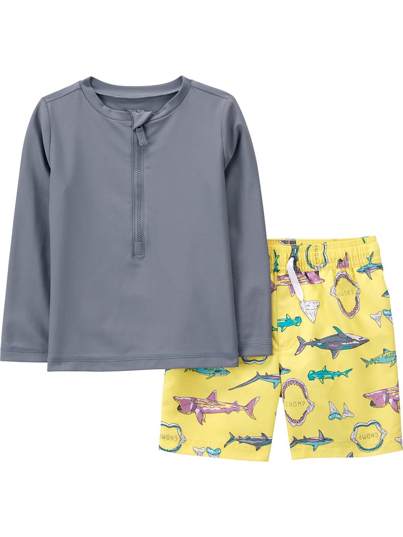 Simple Joys by Carter's Baby Boys Swimsuit Trunk and Rashguard Rash Guard Set, Yellow Multi Shark, 12 Months US - Image 1