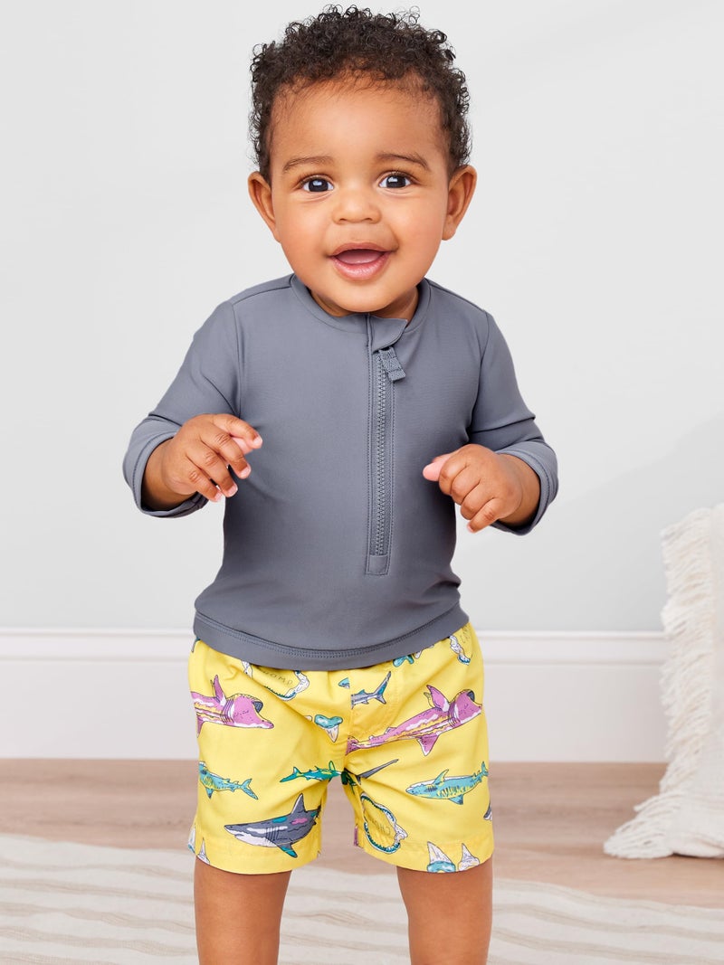 Simple Joys by Carter's Baby Boys Swimsuit Trunk and Rashguard Rash Guard Set, Yellow Multi Shark, 12 Months US - Image 3