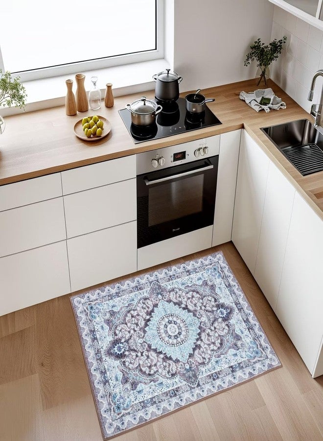 Macgace 2x3 Small Area Rug for Entryway, Soft Washable Rugs with Non-Slip Backing for Bedroom Kitchen, Vintage Throw Carpet Laundry Entry Door Decor, Blue & Brown - Image 3