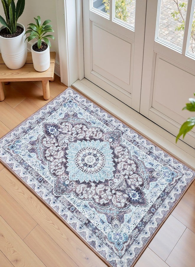 Macgace 2x3 Small Area Rug for Entryway, Soft Washable Rugs with Non-Slip Backing for Bedroom Kitchen, Vintage Throw Carpet Laundry Entry Door Decor, Blue & Brown - Image 1