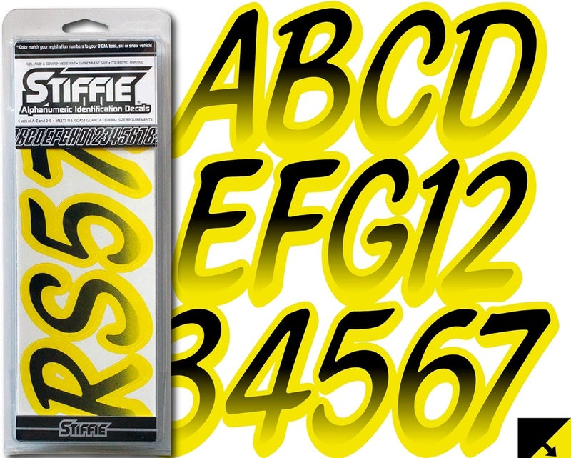 Stiffie Whipline Black/Electric Yellow 3" Boat & PWC Registration Decals • Numbers Letters Stickers - Image 5