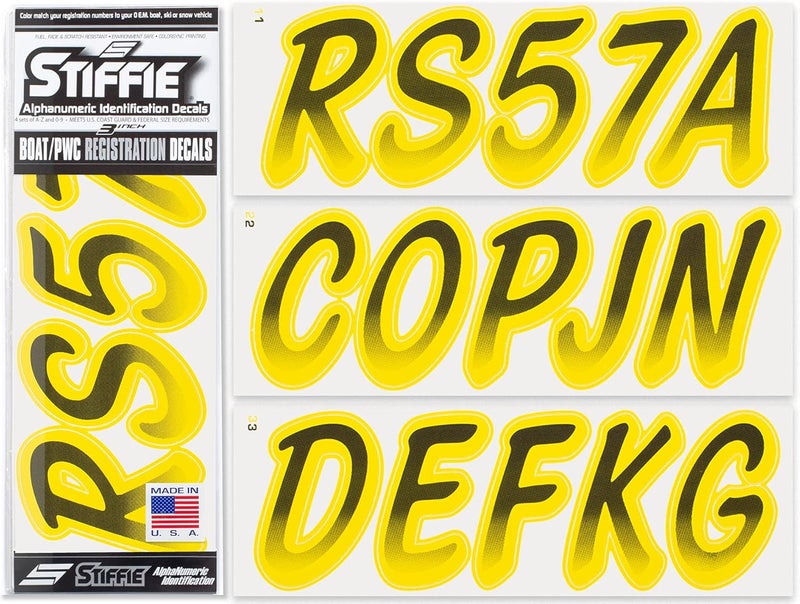 Stiffie Whipline Black/Electric Yellow 3" Boat & PWC Registration Decals • Numbers Letters Stickers - Image 1