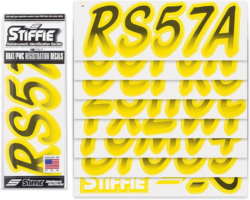 Stiffie Whipline Black/Electric Yellow 3" Boat & PWC Registration Decals • Numbers Letters Stickers - Image 2