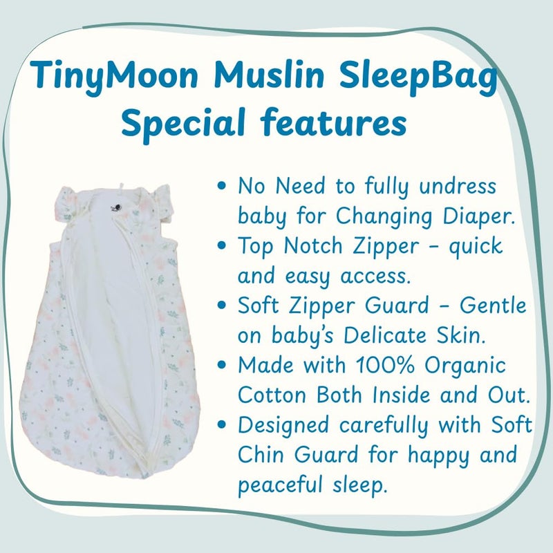 Tiny Moon Muslin Sleep Sack for Babies | 2.5 TOG 100% Cotton Sleeping Bag | Size: 0-6 Months (45cm * 67cm) | Unisex Lightweight Wearable Blanket | Gift for Babies - Image 4