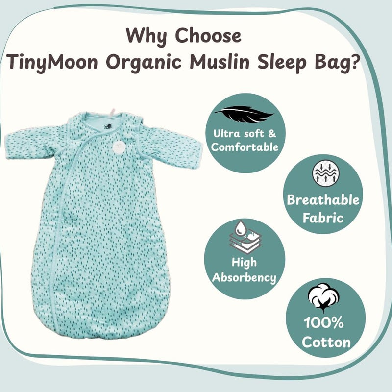 Tiny Moon Muslin Sleep Sack for Babies | 2.5 TOG 100% Cotton Sleeping Bag | Size: 0-6 Months (45cm * 67cm) | Unisex Lightweight Wearable Blanket | Gift for Babies - Image 3