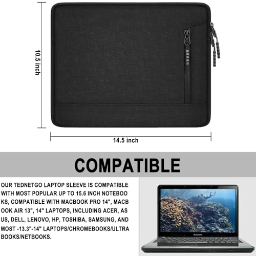 TEDNETGO Laptop Sleeve 14 inch, Shockproof Protective Laptop Case for Apple MacBook Pro, Water Resistant Portable Monitor Computer Bag with Pockets Computer Cover for HP, Dell, Lenovo, Asus, Black - Image 3