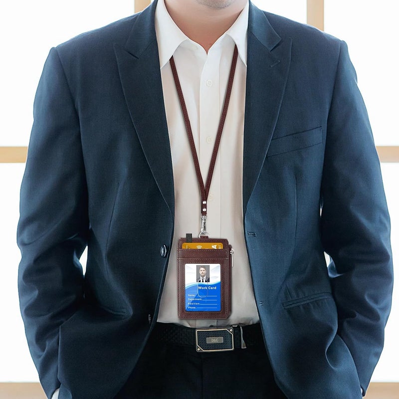 اي ال في حامل شارة بسحاب، محفظة بطاقة هوية من جلد PU مع 5 فتحات للبطاقات، جيب جانبي واحد لحجب RFID وحزام رقبة بطول 20 بوصة للمكاتب، المدرسة، رخصة القيادة (بني) - Image 3