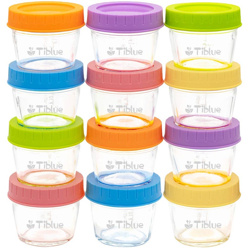Tiblue Glass Baby Food Storage Containers Set of 12 Leakproof 4 oz Reusable Small Baby Food Jars with Lids Marker for Infant Baby Freezer Microwave Dishwasher Safe 