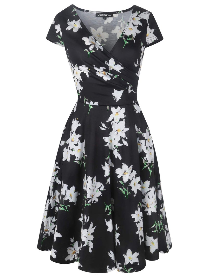oxiuly Women's V-Neck Casual Summer Dress Floral A Line Party Tea Dresses OX233 (Black White F, l) - Image 2
