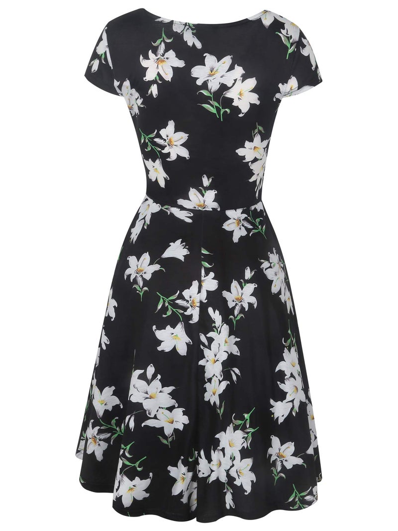 oxiuly Women's V-Neck Casual Summer Dress Floral A Line Party Tea Dresses OX233 (Black White F, l) - Image 3