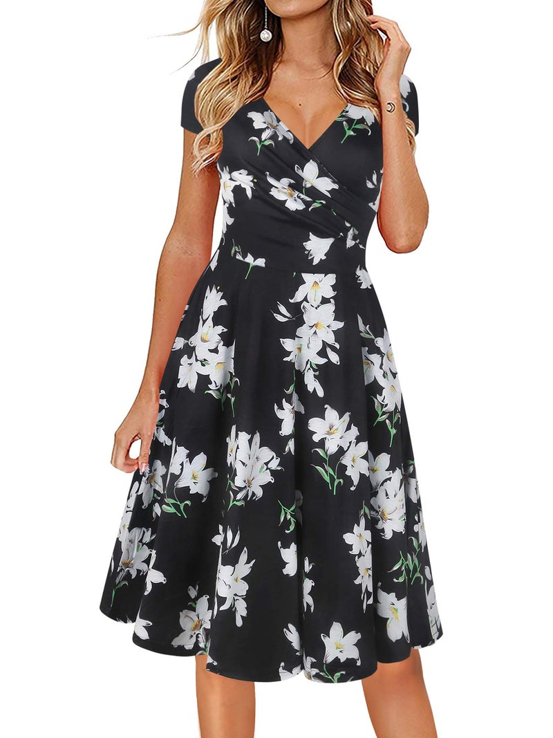 oxiuly Women's V-Neck Casual Summer Dress Floral A Line Party Tea Dresses OX233 (Black White F, l) - Image 5