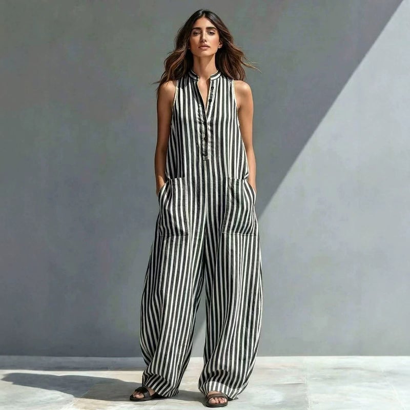 Women's Loose V-Neck Long Striped Jumpsuit - Image 2