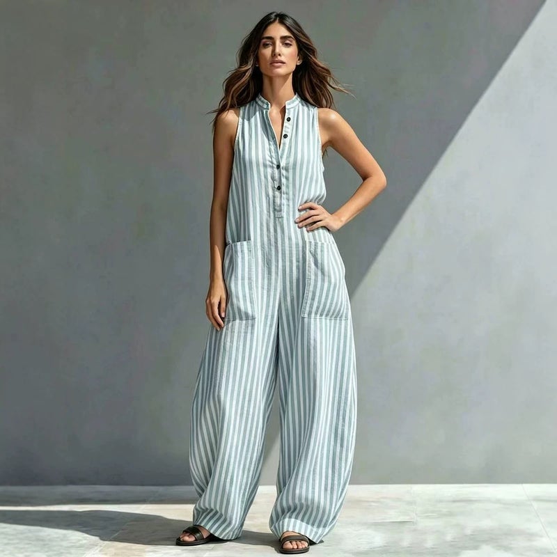 Women's Loose V-Neck Long Striped Jumpsuit - Image 3