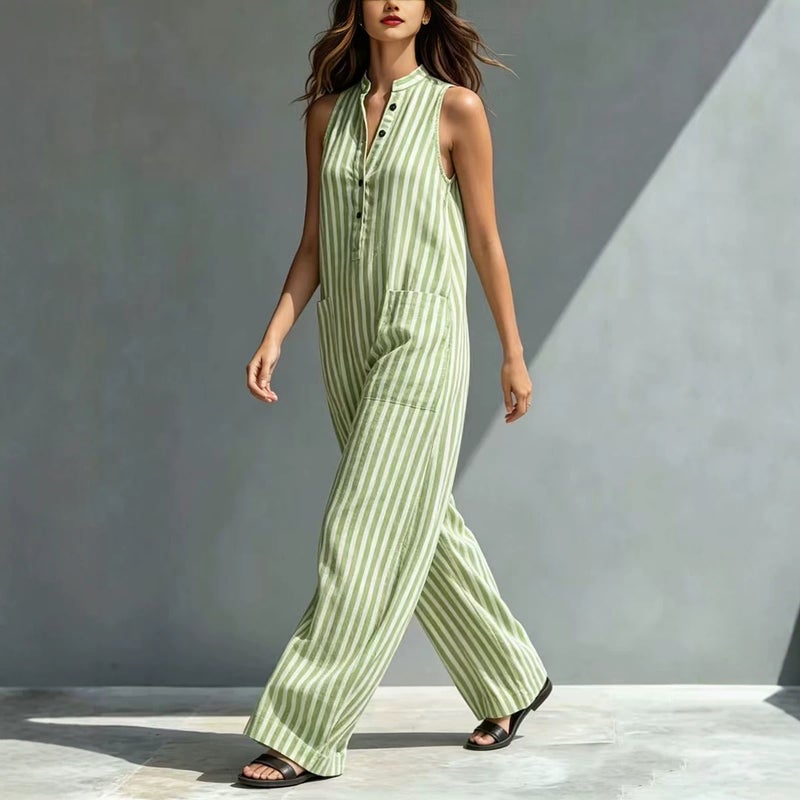 Women's Loose V-Neck Long Striped Jumpsuit - Image 4