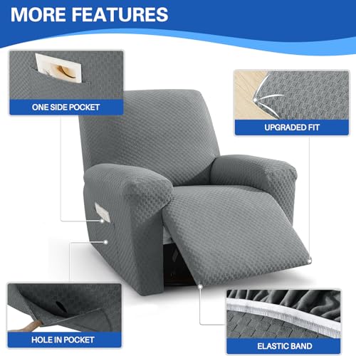 MAXIJIN Recliner Cover Slipcovers for Living Room 4 Pieces Stretch Jacquard Recliner Chair Cover Soft Fitted Recliner Protector with Elastic Bottom for Kids, Pets (Recliner, Light Gray) - Image 3