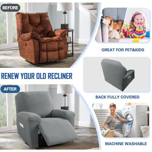 MAXIJIN Recliner Cover Slipcovers for Living Room 4 Pieces Stretch Jacquard Recliner Chair Cover Soft Fitted Recliner Protector with Elastic Bottom for Kids, Pets (Recliner, Light Gray) - Image 5
