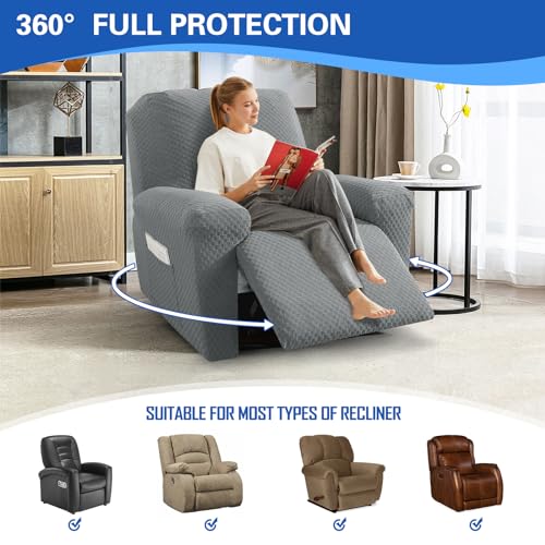 MAXIJIN Recliner Cover Slipcovers for Living Room 4 Pieces Stretch Jacquard Recliner Chair Cover Soft Fitted Recliner Protector with Elastic Bottom for Kids, Pets (Recliner, Light Gray) - Image 2