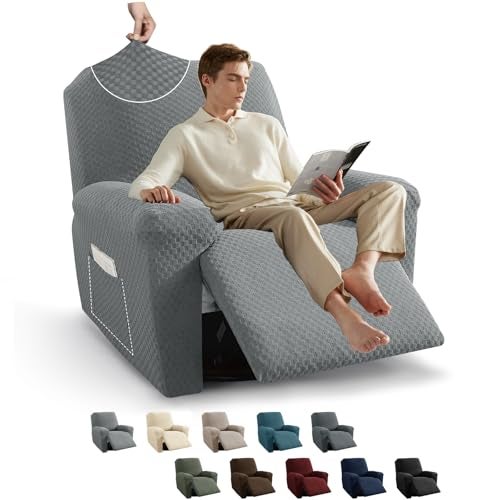 MAXIJIN Recliner Cover Slipcovers for Living Room 4 Pieces Stretch Jacquard Recliner Chair Cover Soft Fitted Recliner Protector with Elastic Bottom for Kids, Pets (Recliner, Light Gray) - Image 1
