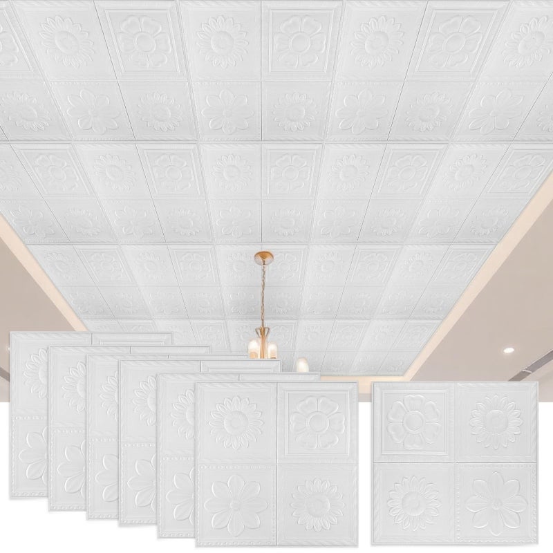 Nuanchu 20 Pcs Foam Drop Ceiling Tiles Peel and Stick White 3D Wall Panels, 26-105.5 Sq. ft Adhesive Glue up Waterproof Wallpaper DIY for Office Home (13.8 x 13.8 Inch,Fresh) - Image 1