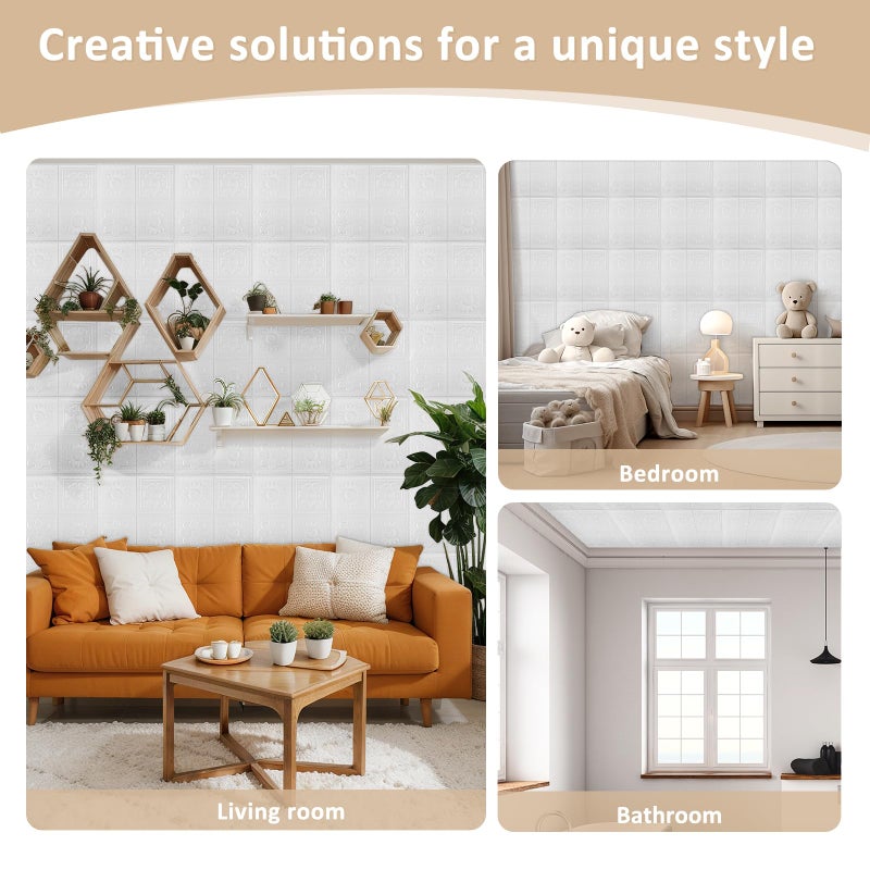 Nuanchu 20 Pcs Foam Drop Ceiling Tiles Peel and Stick White 3D Wall Panels, 26-105.5 Sq. ft Adhesive Glue up Waterproof Wallpaper DIY for Office Home (13.8 x 13.8 Inch,Fresh) - Image 4