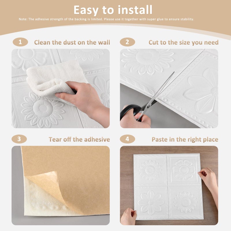 Nuanchu 20 Pcs Foam Drop Ceiling Tiles Peel and Stick White 3D Wall Panels, 26-105.5 Sq. ft Adhesive Glue up Waterproof Wallpaper DIY for Office Home (13.8 x 13.8 Inch,Fresh) - Image 3