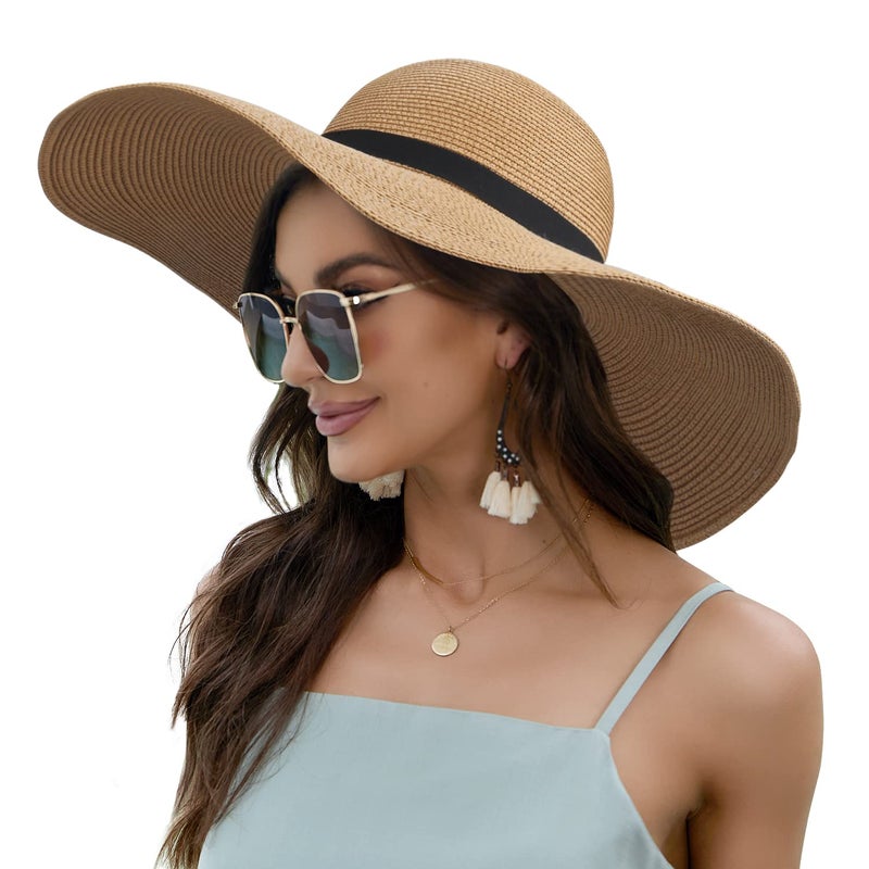 Naivlizer Women Wide Brim Sun Hat UPF50 Straw Summer Hat Floppy Beach Hat Roll-Up,Tie Brown - Image 1