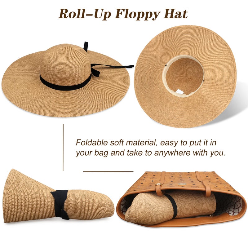 Naivlizer Women Wide Brim Sun Hat UPF50 Straw Summer Hat Floppy Beach Hat Roll-Up,Tie Brown - Image 4