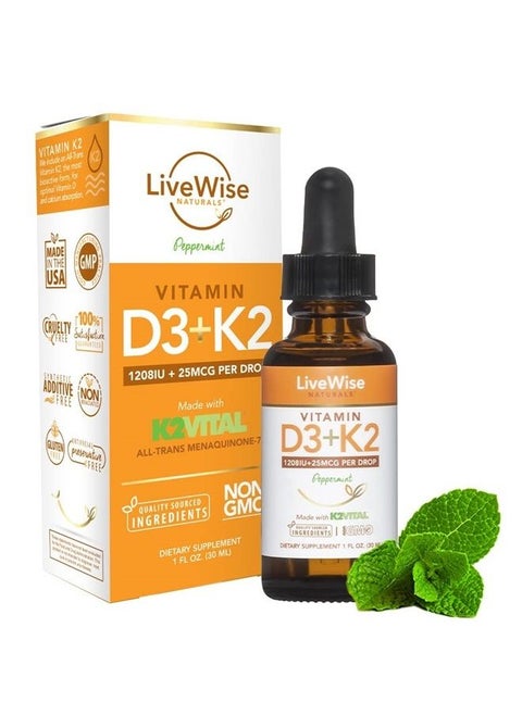 Vitamin D3 with K2 Liquid Drops, All Natural, Non GMO, 1208IU D3 and 25mcg K2 (MK7) Per Serving, Support Your Bones, Immune System and Energy Levels, with or Without Peppermint Oil…