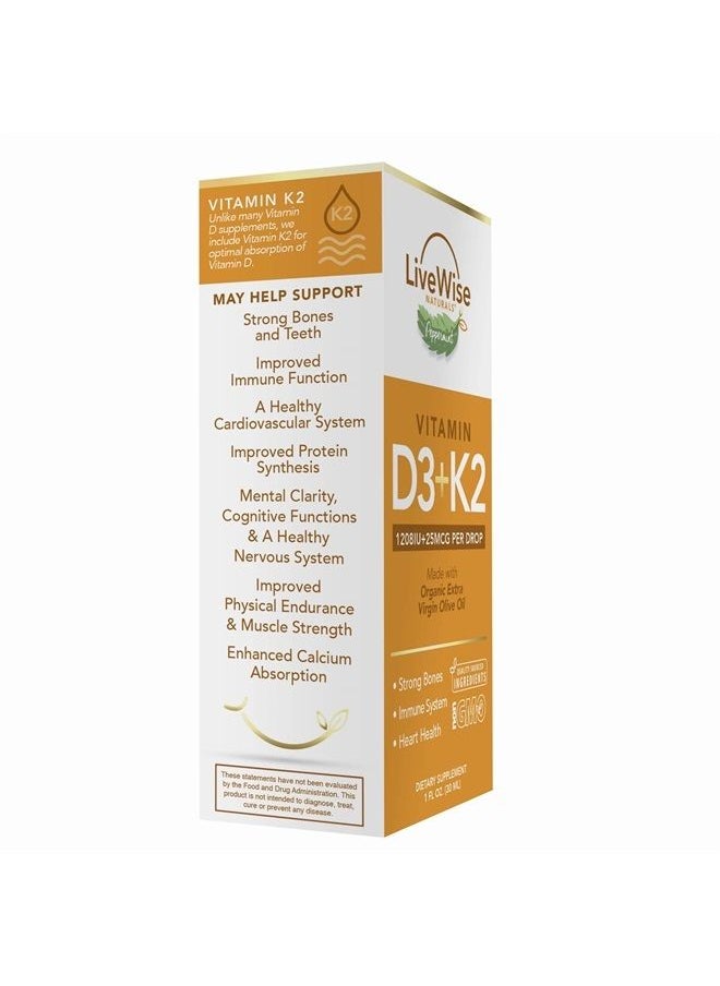 Live Wise Naturals - Vitamin D3 with K2 Liquid Drops, All Natural, Non GMO, 1208IU D3 and 25mcg K2 (MK7) Per Serving, Support Your Bones, Immune System and Energy Levels, with or Without Peppermint Oil… - Image 1