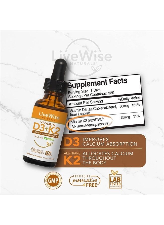 Live Wise Naturals - Vitamin D3 with K2 Liquid Drops, All Natural, Non GMO, 1208IU D3 and 25mcg K2 (MK7) Per Serving, Support Your Bones, Immune System and Energy Levels, with or Without Peppermint Oil… - Image 1
