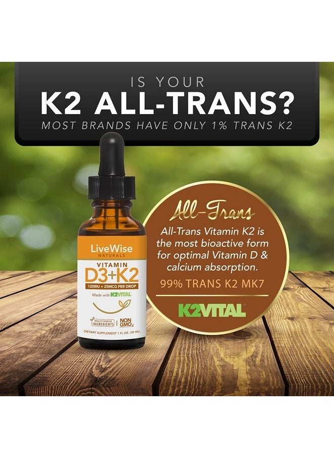 Live Wise Naturals - Vitamin D3 with K2 Liquid Drops, All Natural, Non GMO, 1208IU D3 and 25mcg K2 (MK7) Per Serving, Support Your Bones, Immune System and Energy Levels, with or Without Peppermint Oil… - Image 1
