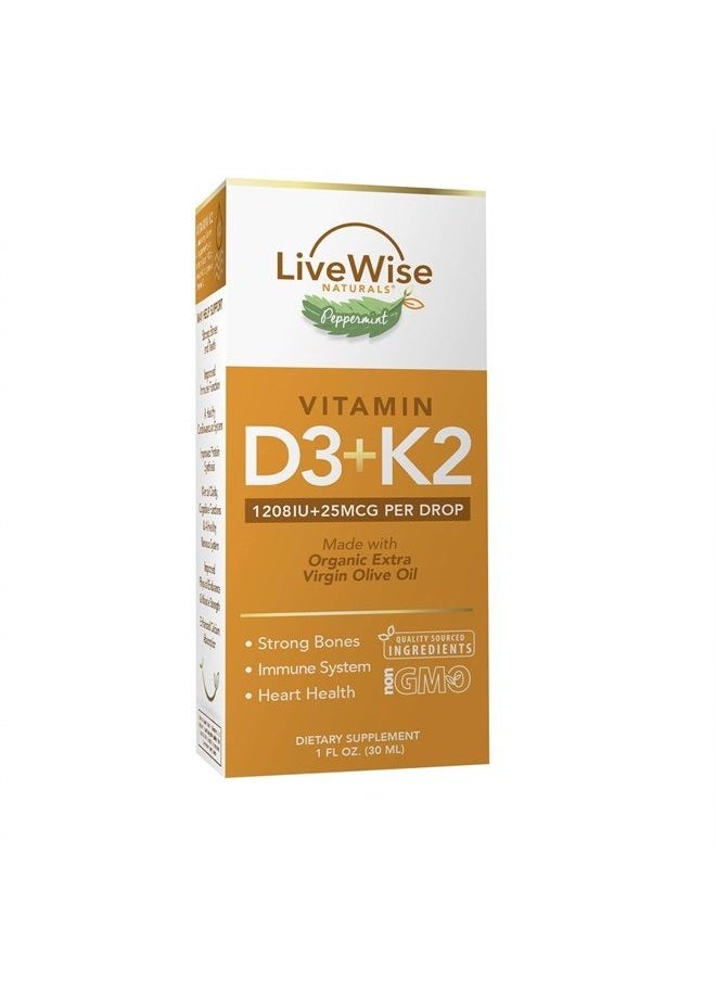 Live Wise Naturals - Vitamin D3 with K2 Liquid Drops, All Natural, Non GMO, 1208IU D3 and 25mcg K2 (MK7) Per Serving, Support Your Bones, Immune System and Energy Levels, with or Without Peppermint Oil… - Image 1