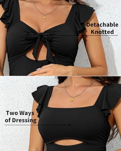 Charmo Women's Maternity Swimsuit One Piece Ribbed Push Up Pregnancy Bathing Suit Retro Ruffle Maternity Swimwear Black - Image 4
