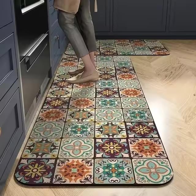Home-Cloud HomeCloud Rubber Kitchen Mats for Floor Set of 2 Pcs|Non-Skid, Soft Absorbent Rugs for Kitchen, Laundry, and Hallway|120x40cm, 40x60cm| 4mm Thickness (Brown_Multi), rectangular - Image 1