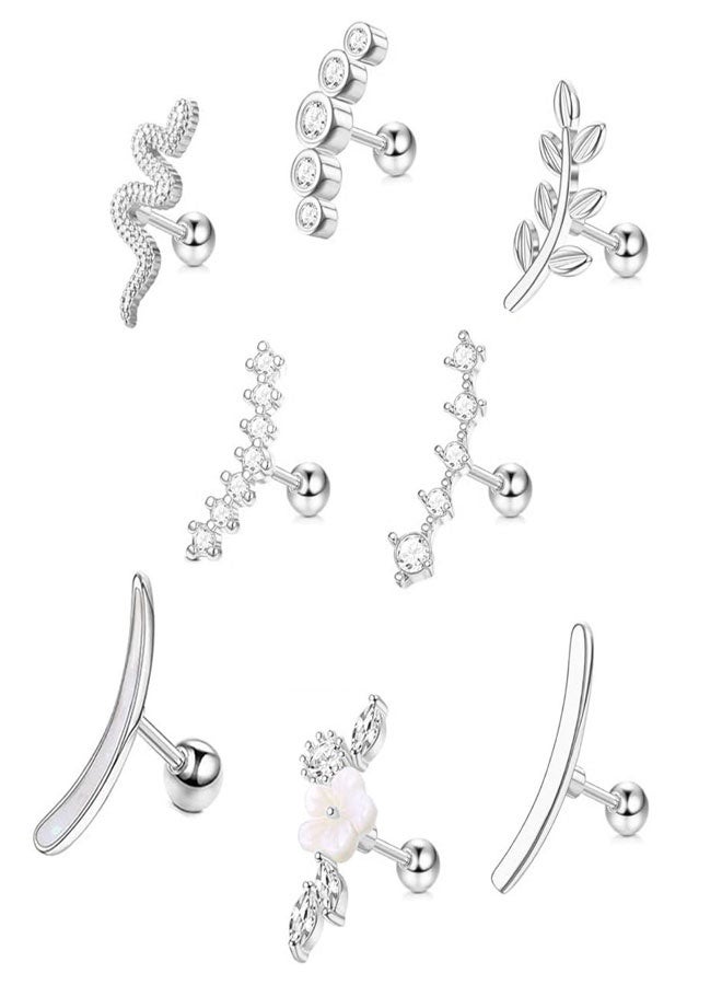 HOOTO 8Pcs 16G Cartilage Earring Stainless Steel Leaf Flower CZ Helix Earrings Ball Back Cartilage Helix Piercing Jewelry for Women Silver - Image 1