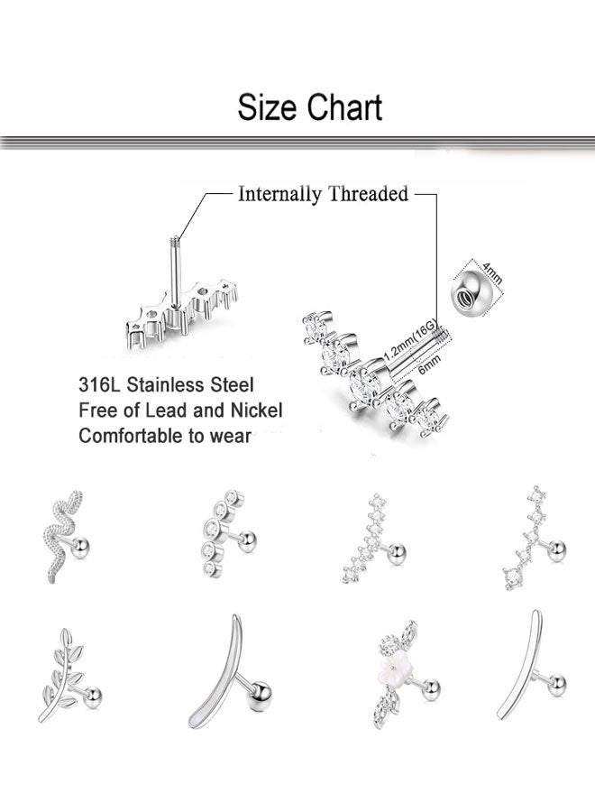 HOOTO 8Pcs 16G Cartilage Earring Stainless Steel Leaf Flower CZ Helix Earrings Ball Back Cartilage Helix Piercing Jewelry for Women Silver - Image 2