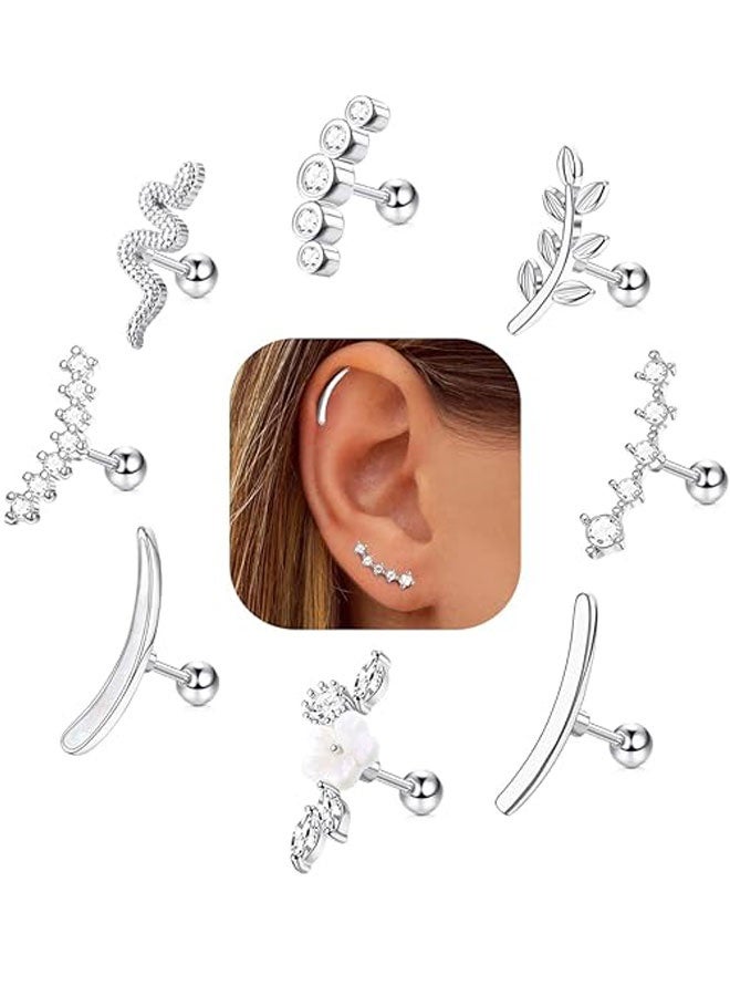 HOOTO 8Pcs 16G Cartilage Earring Stainless Steel Leaf Flower CZ Helix Earrings Ball Back Cartilage Helix Piercing Jewelry for Women Silver - Image 4