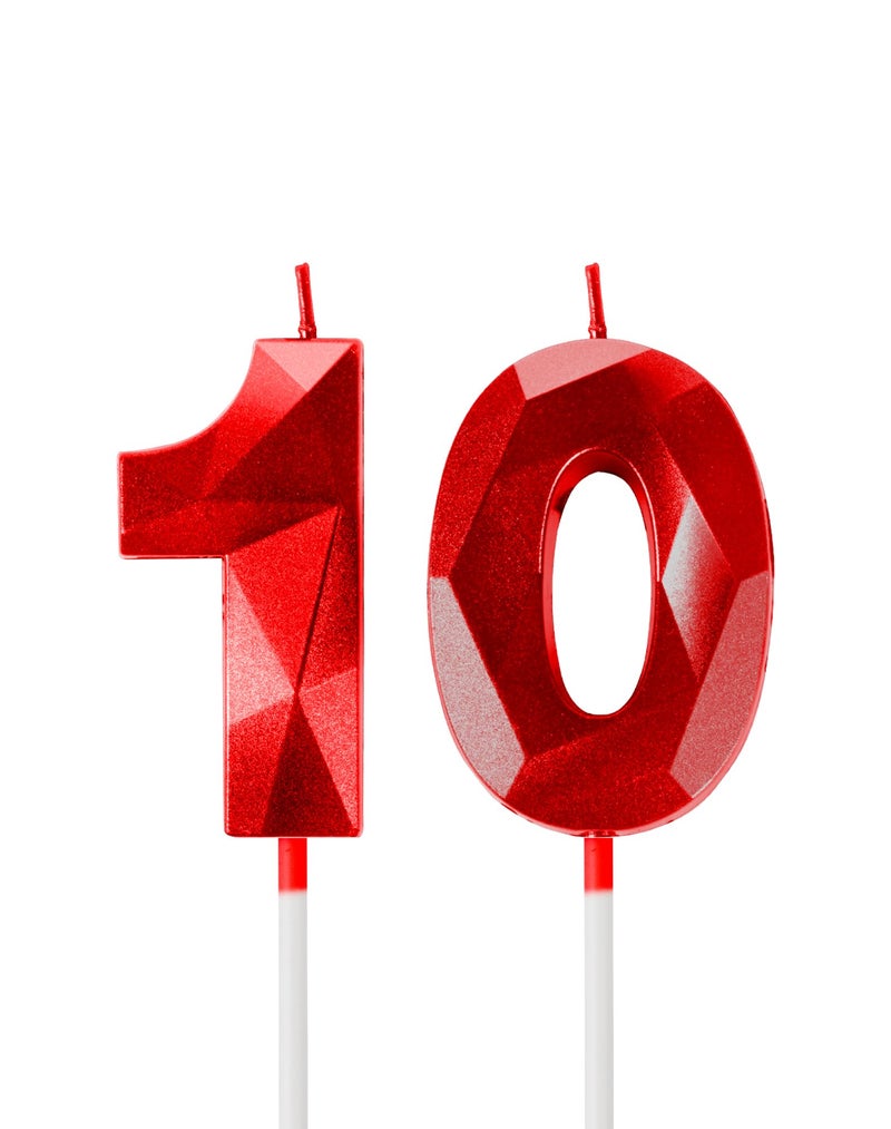 ييران شموع عيد ميلاد ييران الحمراء للكيك، شمعة رقم 10 لتزيين عيد الميلاد العاشر، زينة كيك ثلاثية الأبعاد للأولاد والبنات والنساء والرجال، لوازم حفلات أعياد الميلاد والاحتفالات بالذكرى السنوية - Image 1