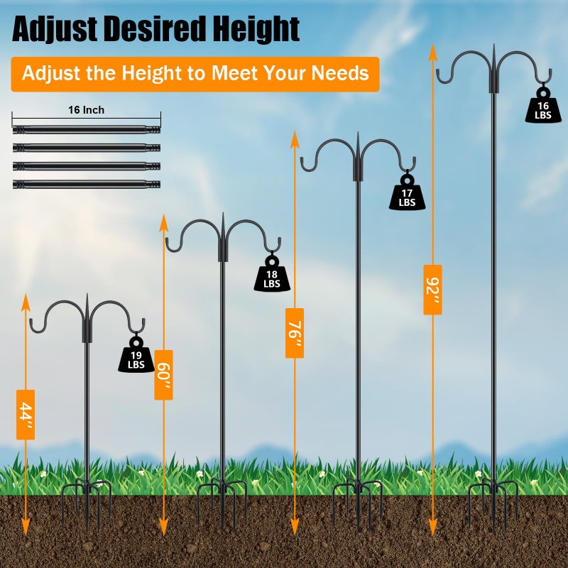 FEED GARDEN Adjustable Double Shepherds Hook for Outdoor with 5 Prong Base 92 Inch Heavy Duty Two Sided Bird Feeder Pole for Hanging Plant Baskets, Solar Light Lanterns, Wind Chimes - Image 3